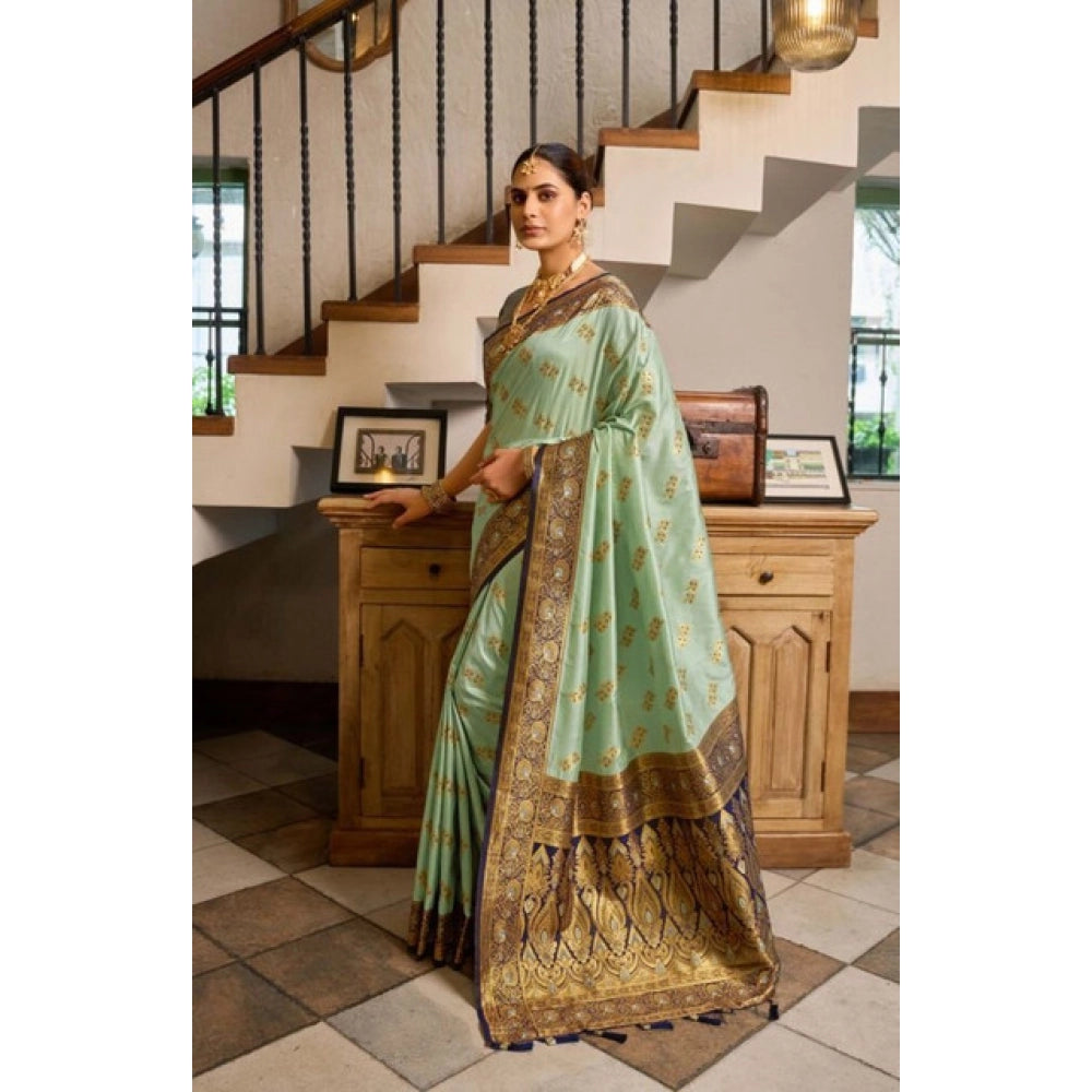 Women's Silk Blend Booti Work Ready to wear Saree With Unstitched Blouse 5.5Mtr (SeaGreen) - VANSHELLE