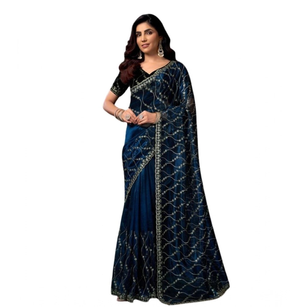 Women's Net Sequence Saree With Unstitched Blouse 5.5Mtr (Blue) - VANSHELLE
