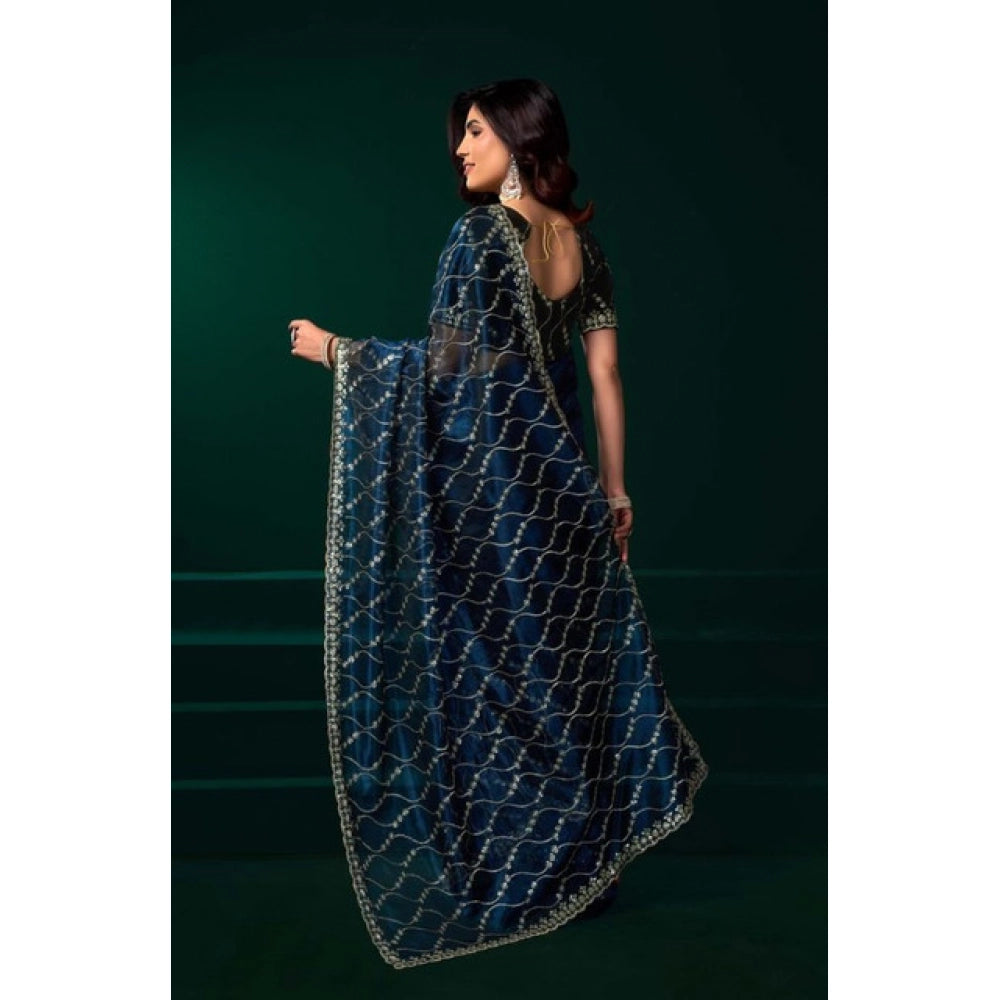 Women's Net Sequence Saree With Unstitched Blouse 5.5Mtr (Blue) - VANSHELLE