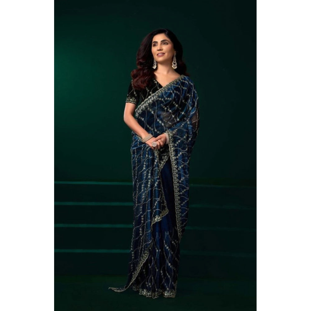 Women's Net Sequence Saree With Unstitched Blouse 5.5Mtr (Blue) - VANSHELLE