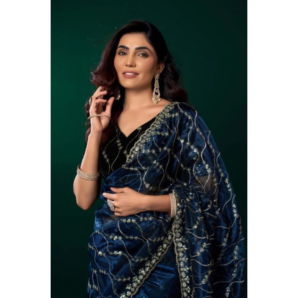 Women's Net Sequence Saree With Unstitched Blouse 5.5Mtr (Blue) - VANSHELLE