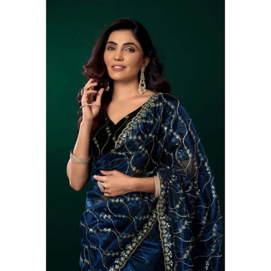 Women's Net Sequence Saree With Unstitched Blouse 5.5Mtr (Blue) - VANSHELLE