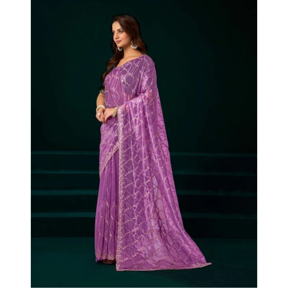 Women's Net Sequence Saree With Unstitched Blouse 5.5Mtr (Lavender) - VANSHELLE