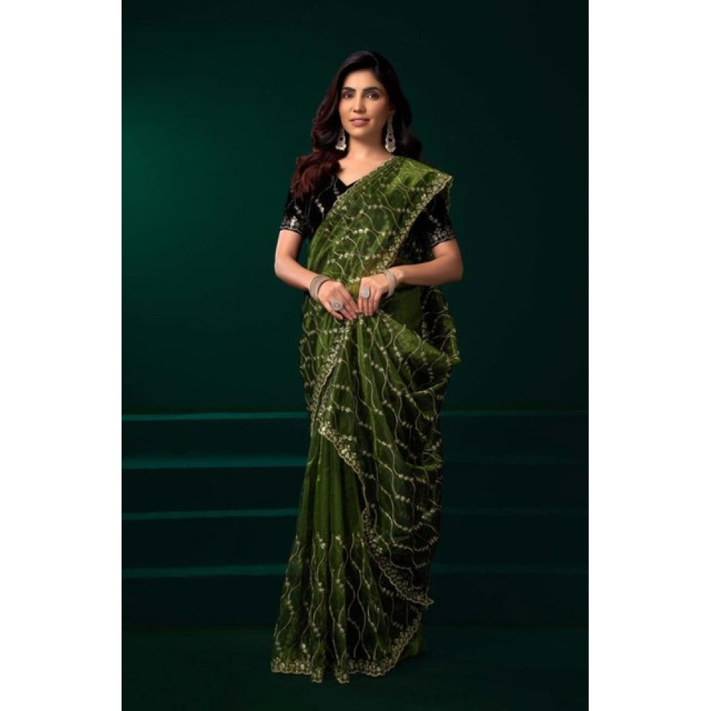 Women's Net Sequence Saree With Unstitched Blouse 5.5Mtr (Light Green) - VANSHELLE