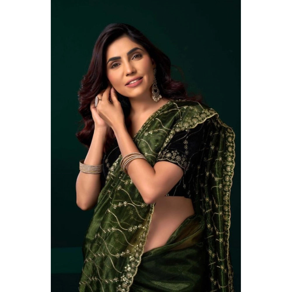 Women's Net Sequence Saree With Unstitched Blouse 5.5Mtr (Light Green) - VANSHELLE