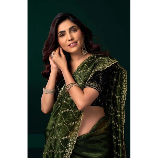 Women's Net Sequence Saree With Unstitched Blouse 5.5Mtr (Light Green) - VANSHELLE