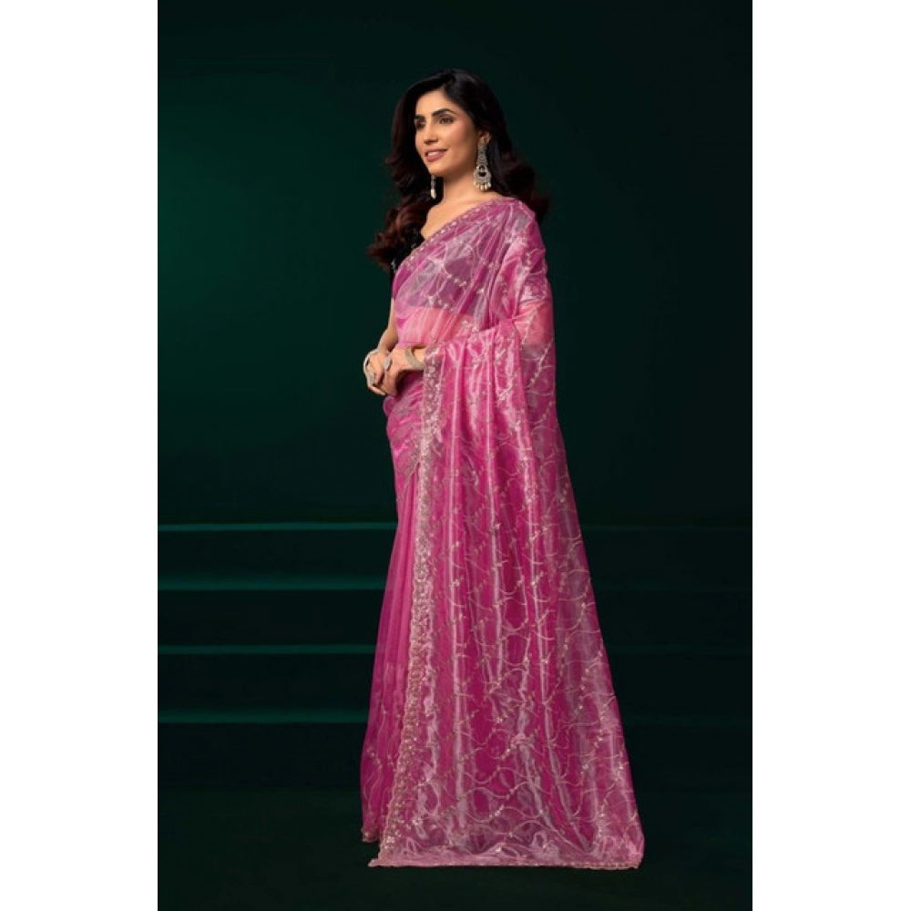 Women's Net Sequence Saree With Unstitched Blouse 5.5Mtr (Light Pink) - VANSHELLE