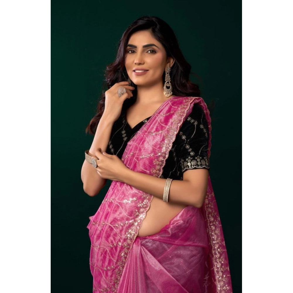 Women's Net Sequence Saree With Unstitched Blouse 5.5Mtr (Light Pink) - VANSHELLE