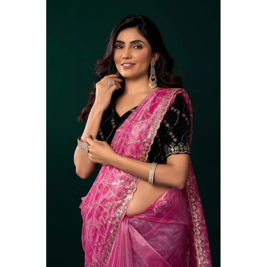 Women's Net Sequence Saree With Unstitched Blouse 5.5Mtr (Light Pink) - VANSHELLE