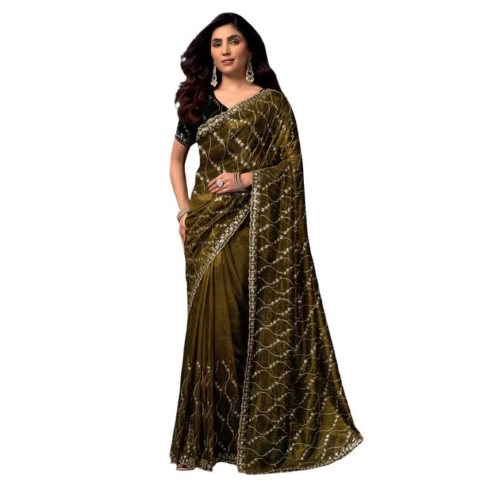 Women's Net Sequence Saree With Unstitched Blouse 5.5Mtr (Mahendi) - VANSHELLE