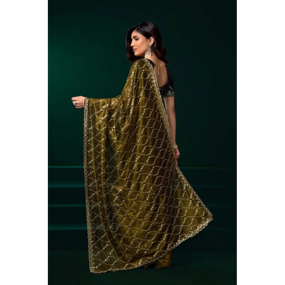 Women's Net Sequence Saree With Unstitched Blouse 5.5Mtr (Mahendi) - VANSHELLE