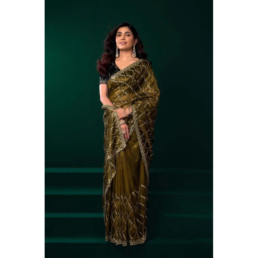 Women's Net Sequence Saree With Unstitched Blouse 5.5Mtr (Mahendi) - VANSHELLE