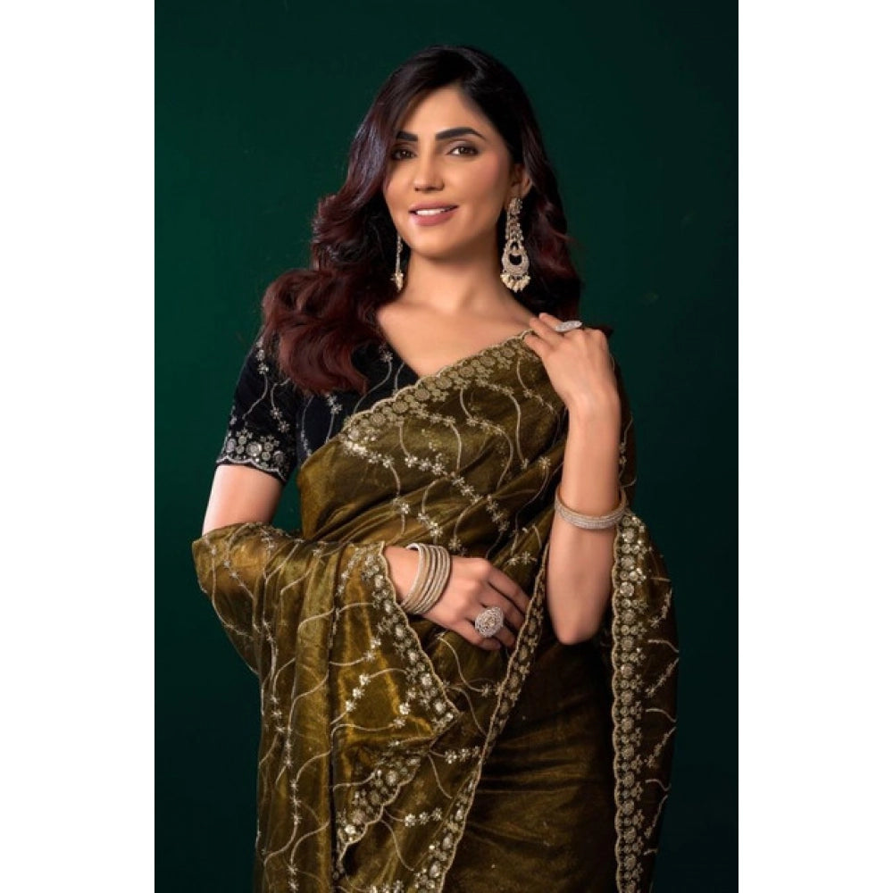 Women's Net Sequence Saree With Unstitched Blouse 5.5Mtr (Mahendi) - VANSHELLE