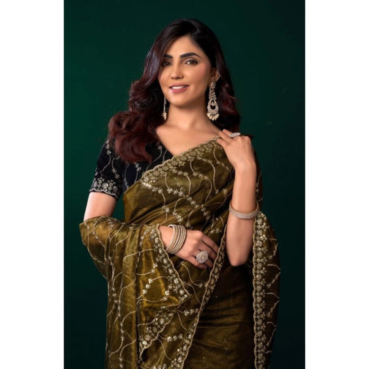 Women's Net Sequence Saree With Unstitched Blouse 5.5Mtr (Mahendi) - VANSHELLE