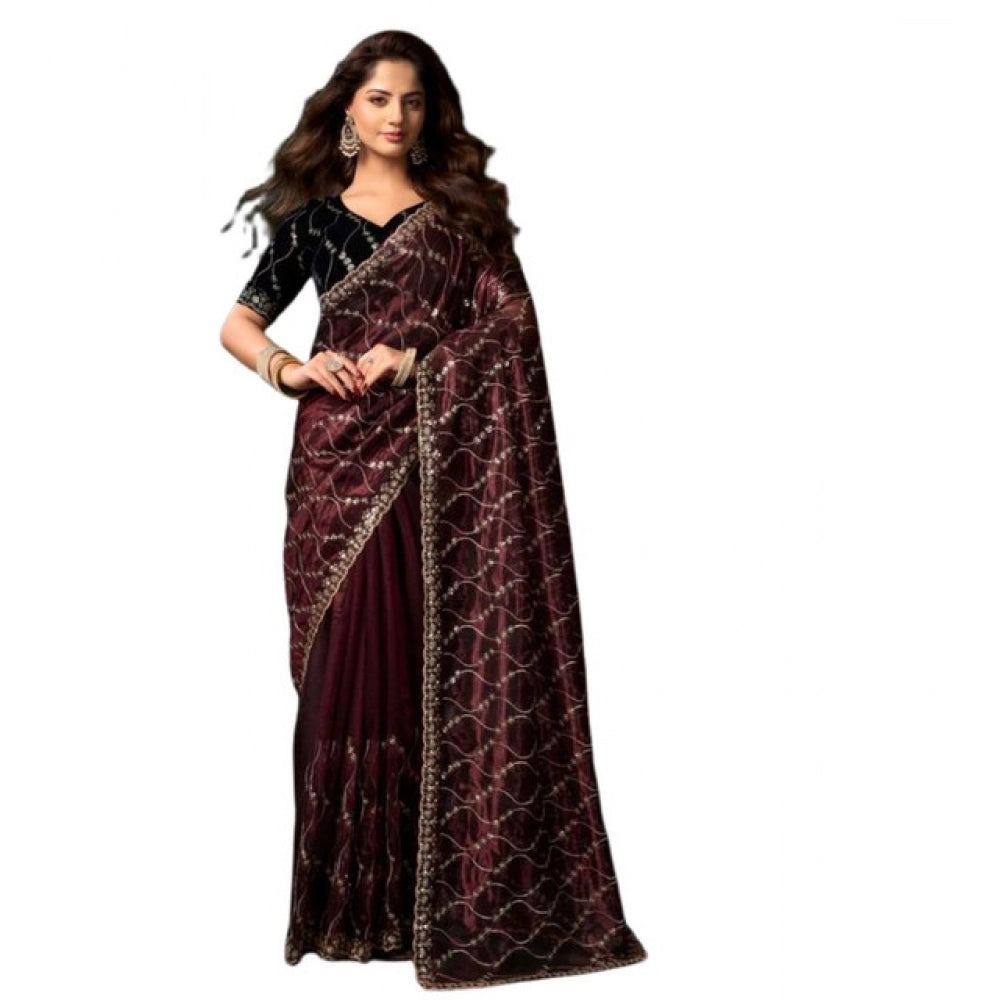 Women's Net Sequence Saree With Unstitched Blouse 5.5Mtr (Maroon) - VANSHELLE