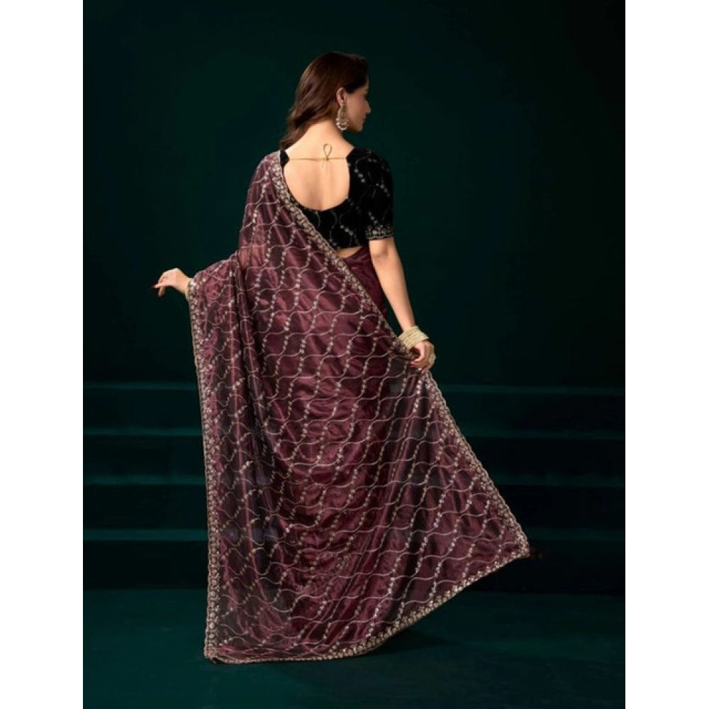 Women's Net Sequence Saree With Unstitched Blouse 5.5Mtr (Maroon) - VANSHELLE