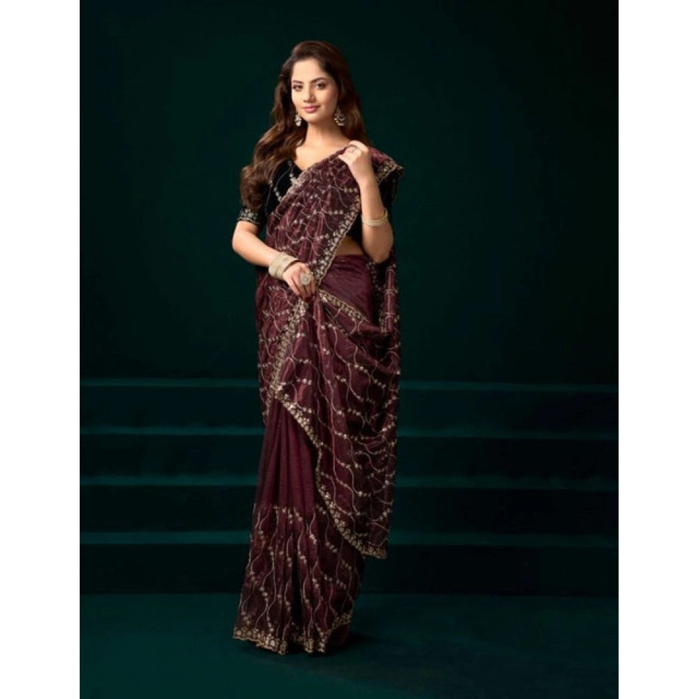 Women's Net Sequence Saree With Unstitched Blouse 5.5Mtr (Maroon) - VANSHELLE