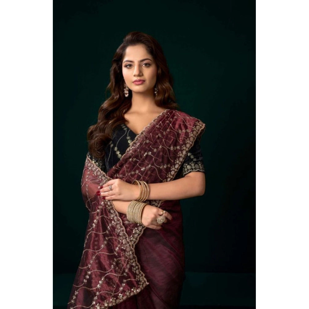 Women's Net Sequence Saree With Unstitched Blouse 5.5Mtr (Maroon) - VANSHELLE