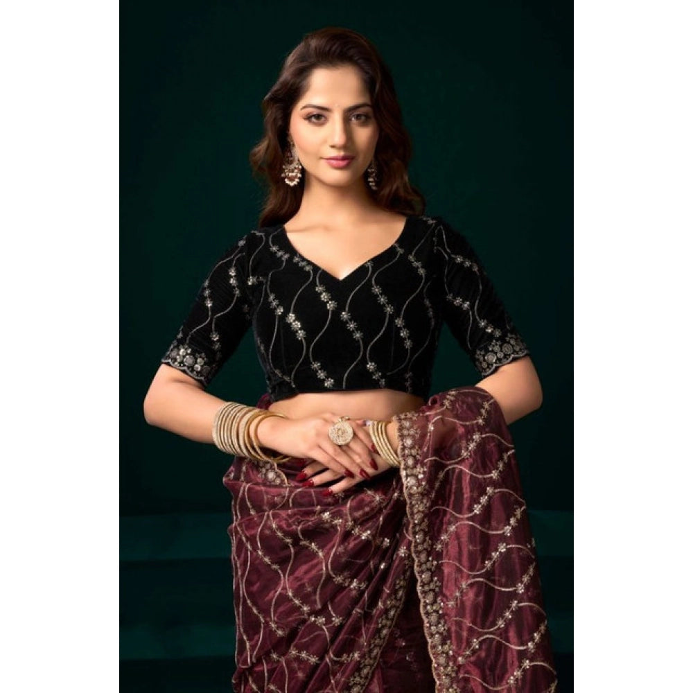 Women's Net Sequence Saree With Unstitched Blouse 5.5Mtr (Maroon) - VANSHELLE