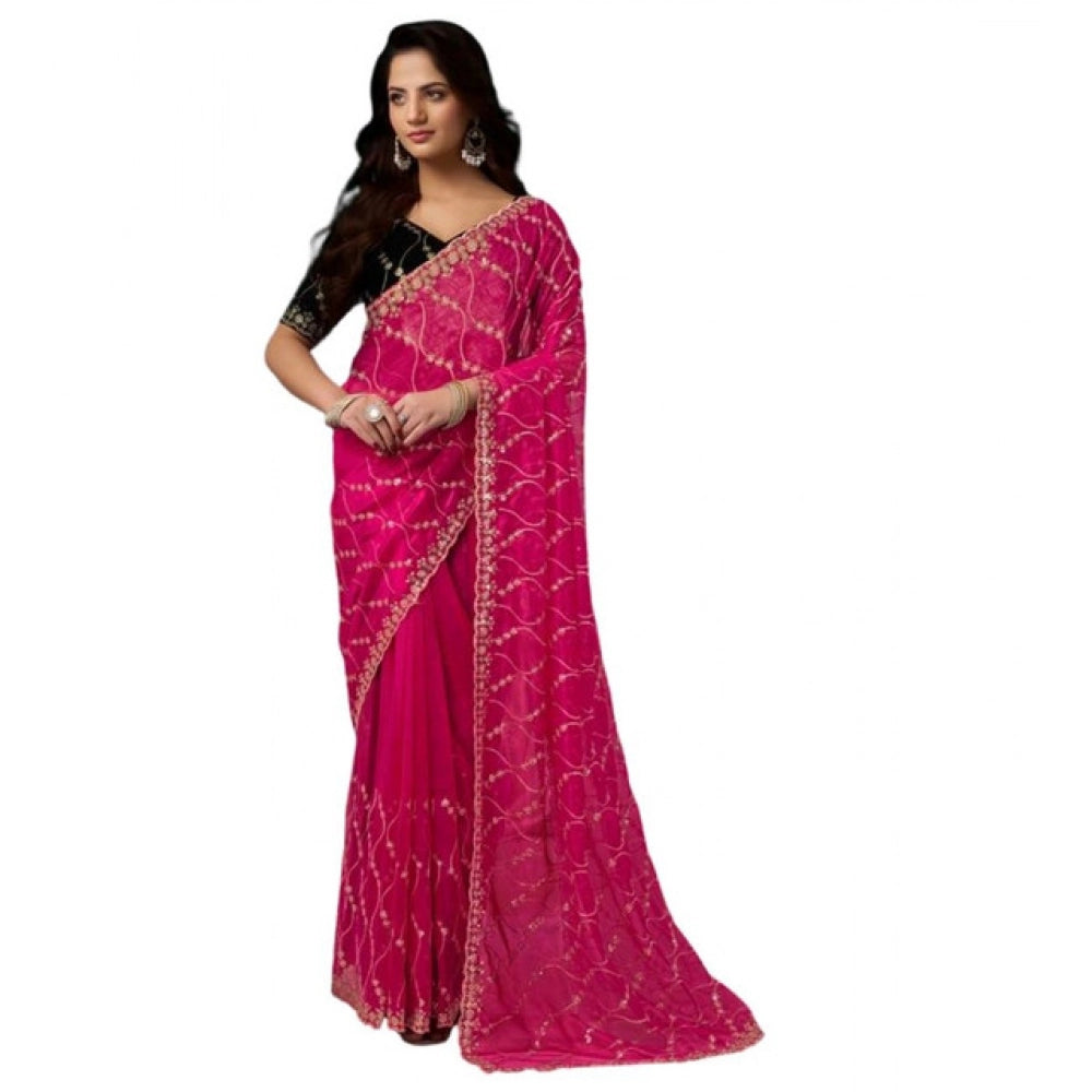 Women's Net Sequence Saree With Unstitched Blouse 5.5Mtr (Pink) - VANSHELLE