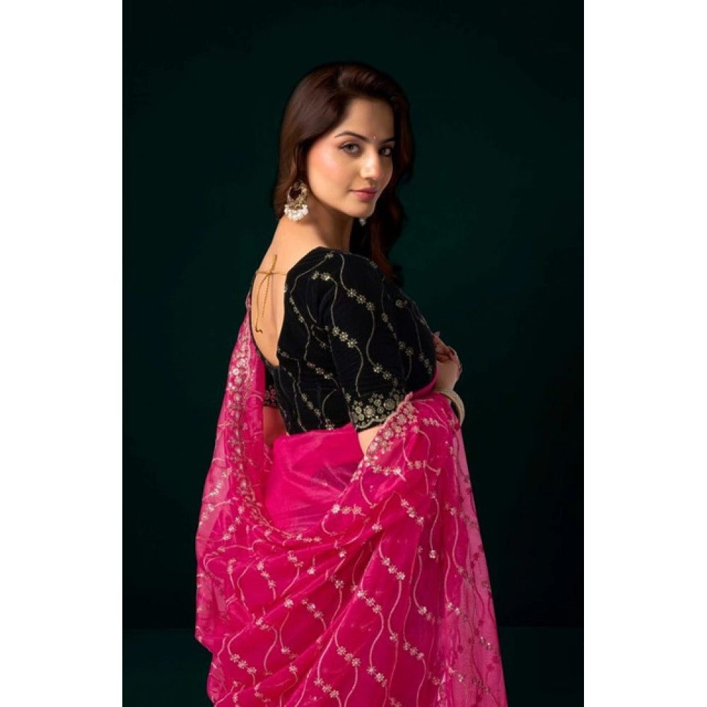 Women's Net Sequence Saree With Unstitched Blouse 5.5Mtr (Pink) - VANSHELLE