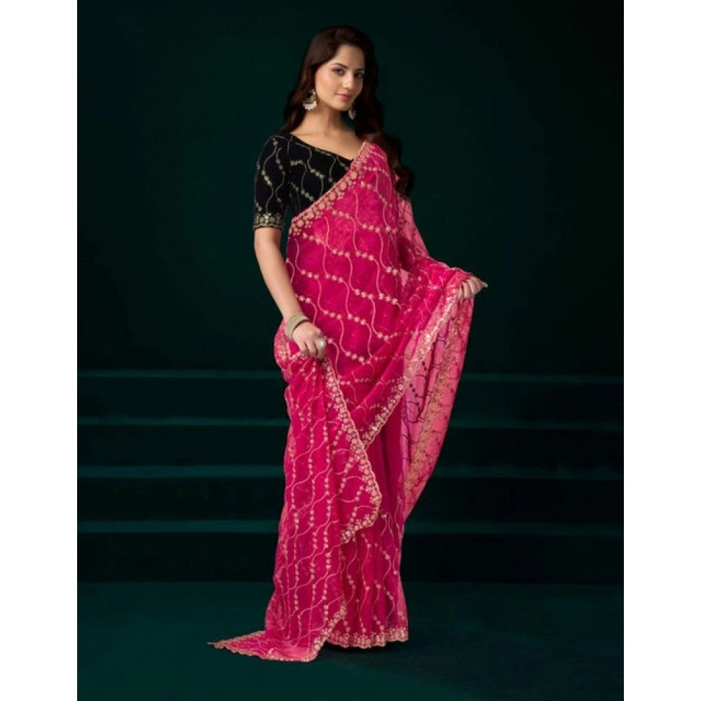 Women's Net Sequence Saree With Unstitched Blouse 5.5Mtr (Pink) - VANSHELLE