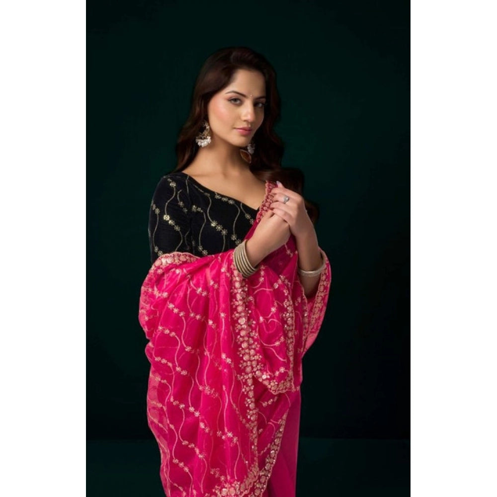 Women's Net Sequence Saree With Unstitched Blouse 5.5Mtr (Pink) - VANSHELLE