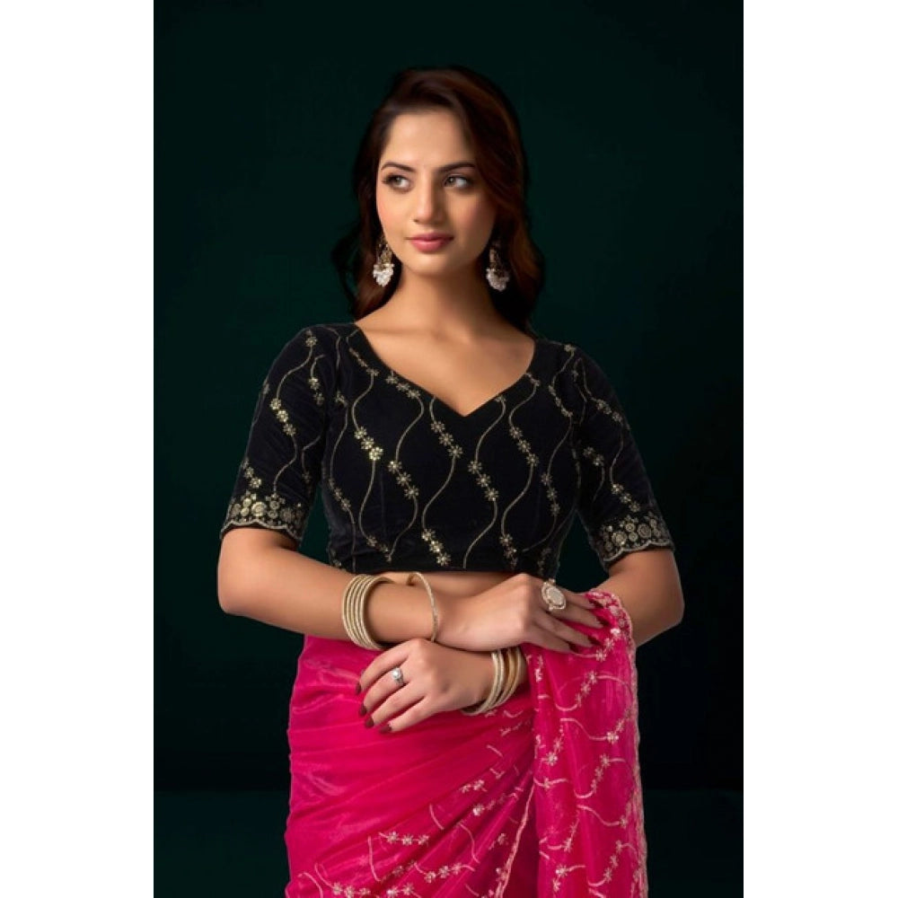 Women's Net Sequence Saree With Unstitched Blouse 5.5Mtr (Pink) - VANSHELLE
