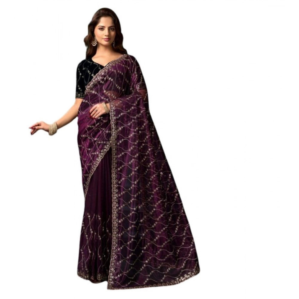 Women's Net Sequence Saree With Unstitched Blouse 5.5Mtr (Purple) - VANSHELLE