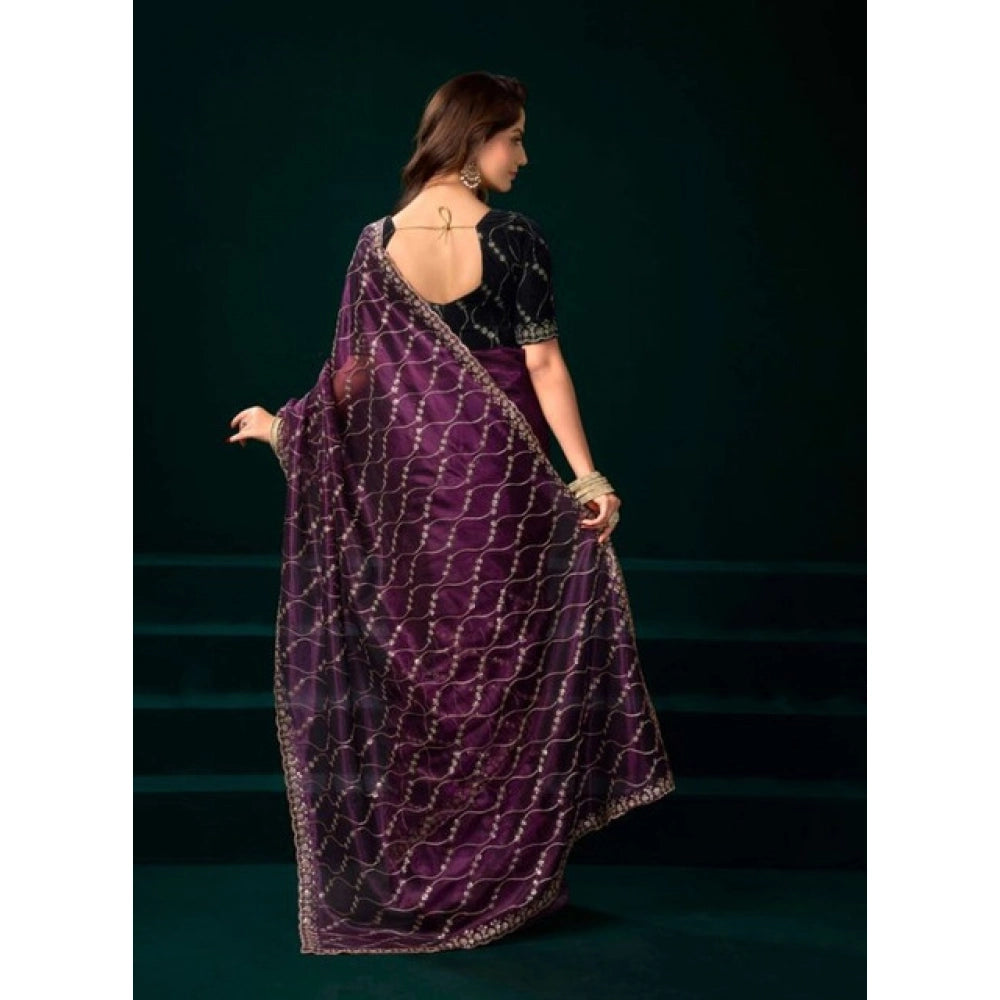 Women's Net Sequence Saree With Unstitched Blouse 5.5Mtr (Purple) - VANSHELLE