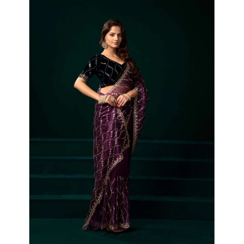 Women's Net Sequence Saree With Unstitched Blouse 5.5Mtr (Purple) - VANSHELLE
