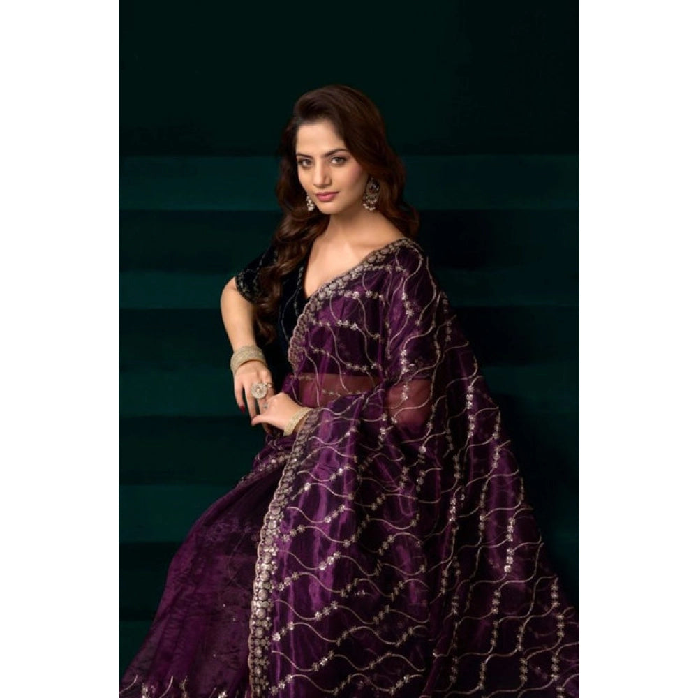Women's Net Sequence Saree With Unstitched Blouse 5.5Mtr (Purple) - VANSHELLE