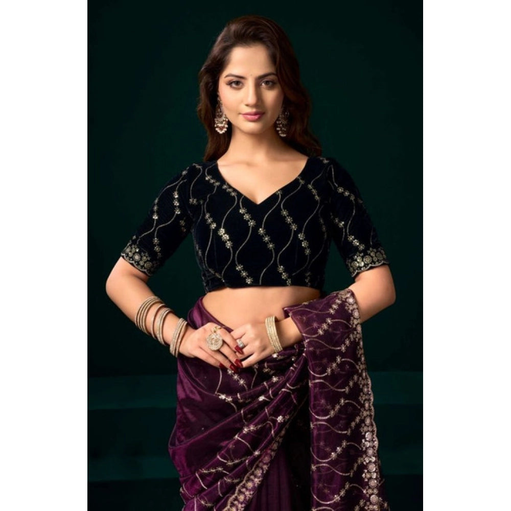 Women's Net Sequence Saree With Unstitched Blouse 5.5Mtr (Purple) - VANSHELLE