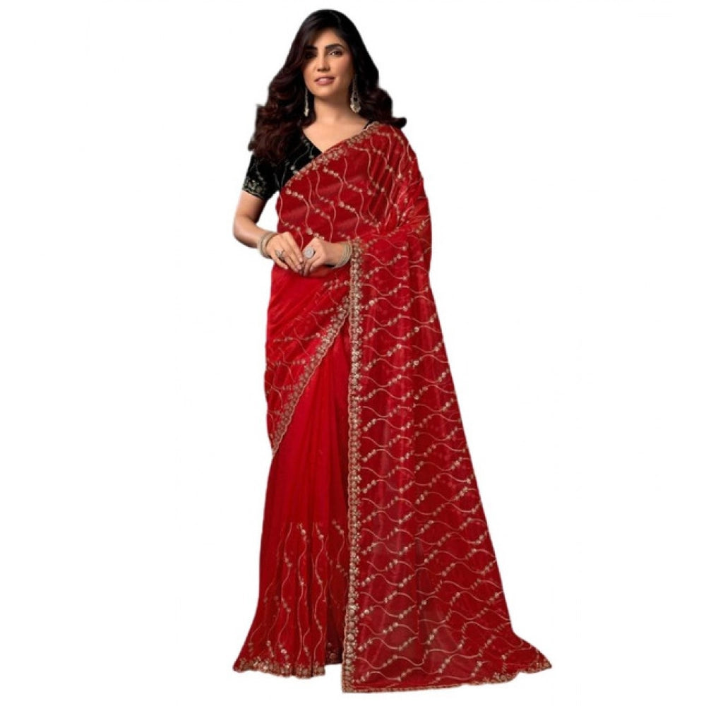 Women's Net Sequence Saree With Unstitched Blouse 5.5Mtr (Red) - VANSHELLE