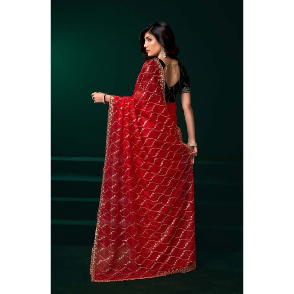 Women's Net Sequence Saree With Unstitched Blouse 5.5Mtr (Red) - VANSHELLE