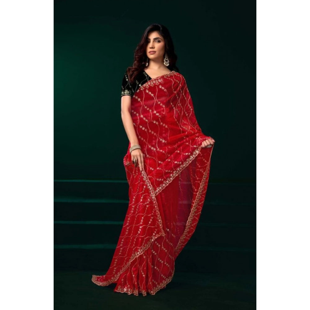 Women's Net Sequence Saree With Unstitched Blouse 5.5Mtr (Red) - VANSHELLE