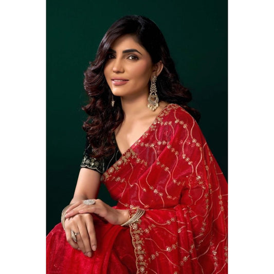 Women's Net Sequence Saree With Unstitched Blouse 5.5Mtr (Red) - VANSHELLE