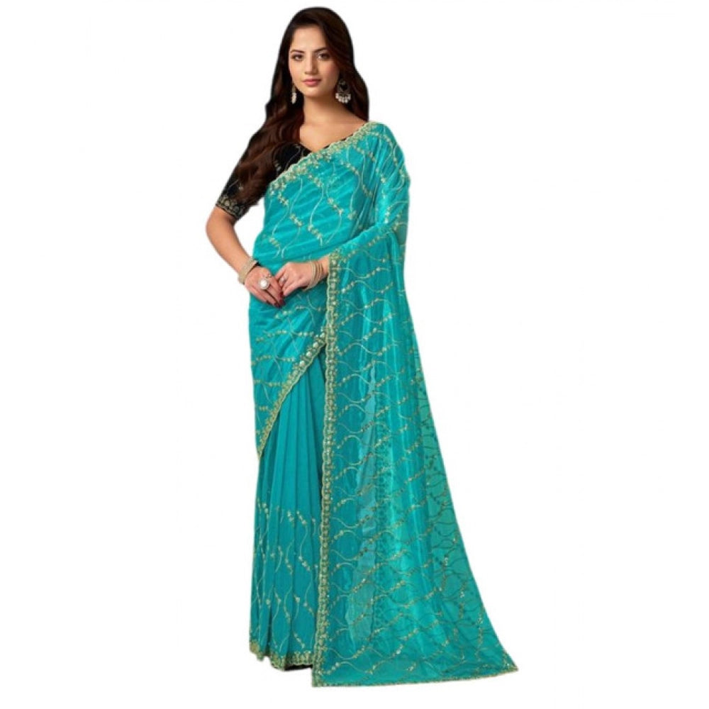 Women's Net Sequence Saree With Unstitched Blouse 5.5Mtr (Turquoise) - VANSHELLE
