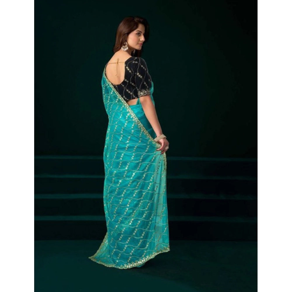 Women's Net Sequence Saree With Unstitched Blouse 5.5Mtr (Turquoise) - VANSHELLE