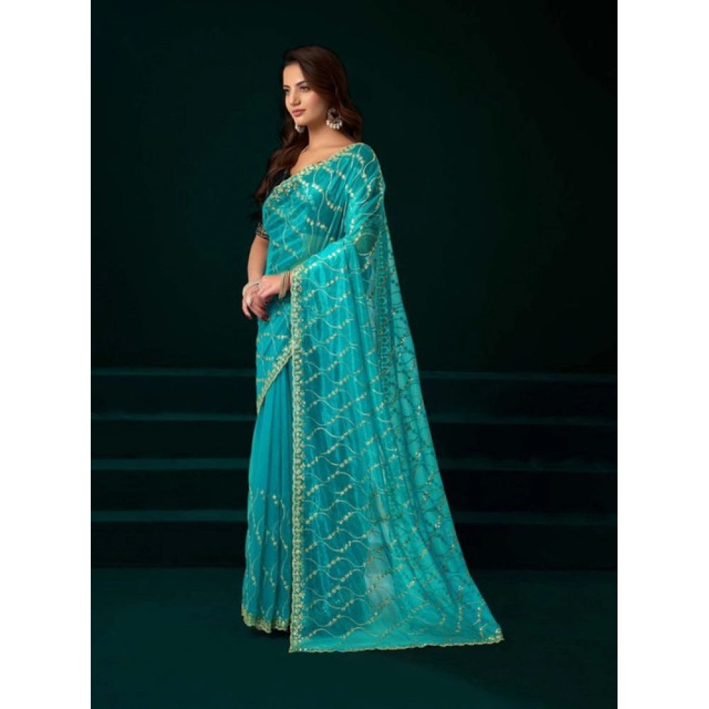 Women's Net Sequence Saree With Unstitched Blouse 5.5Mtr (Turquoise) - VANSHELLE