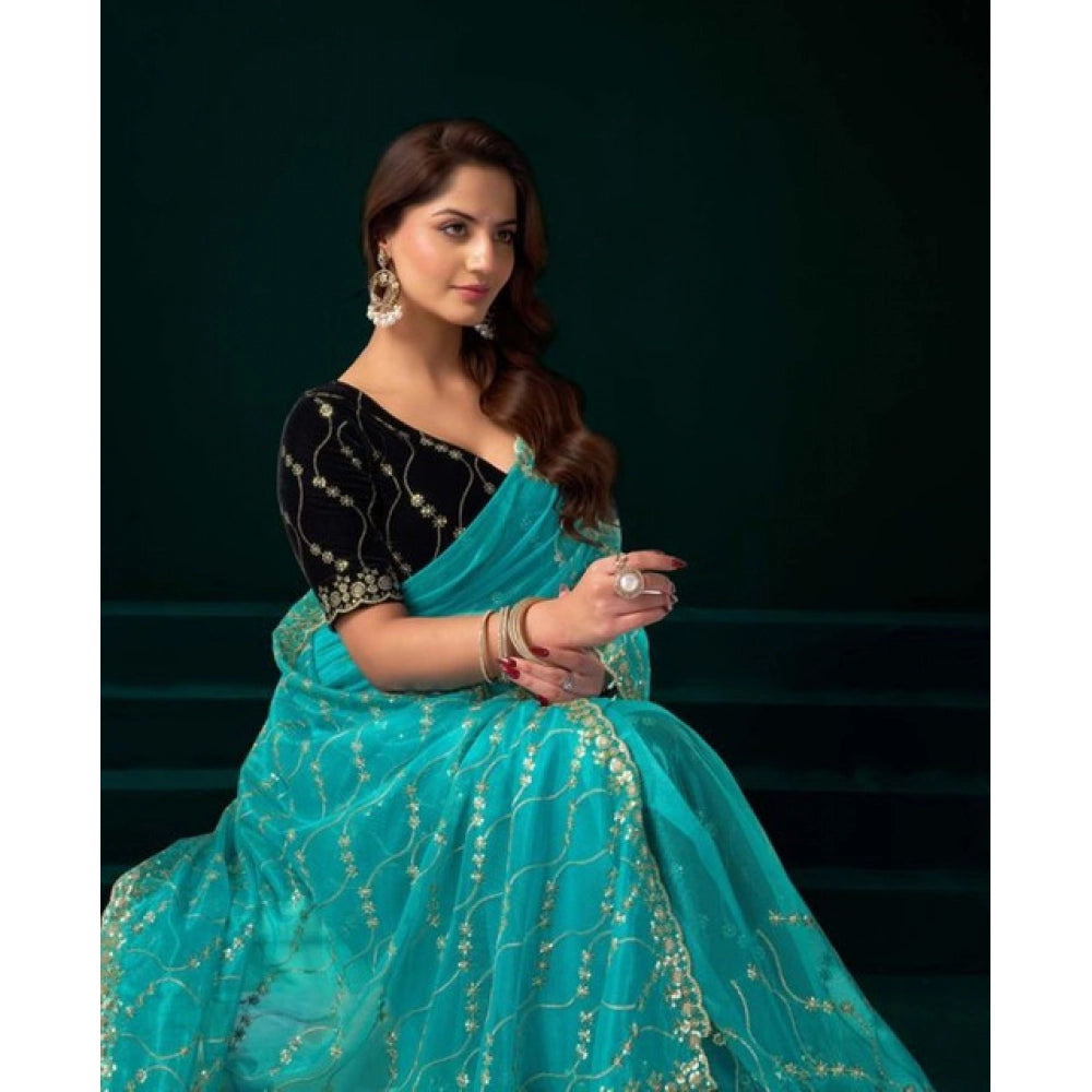 Women's Net Sequence Saree With Unstitched Blouse 5.5Mtr (Turquoise) - VANSHELLE