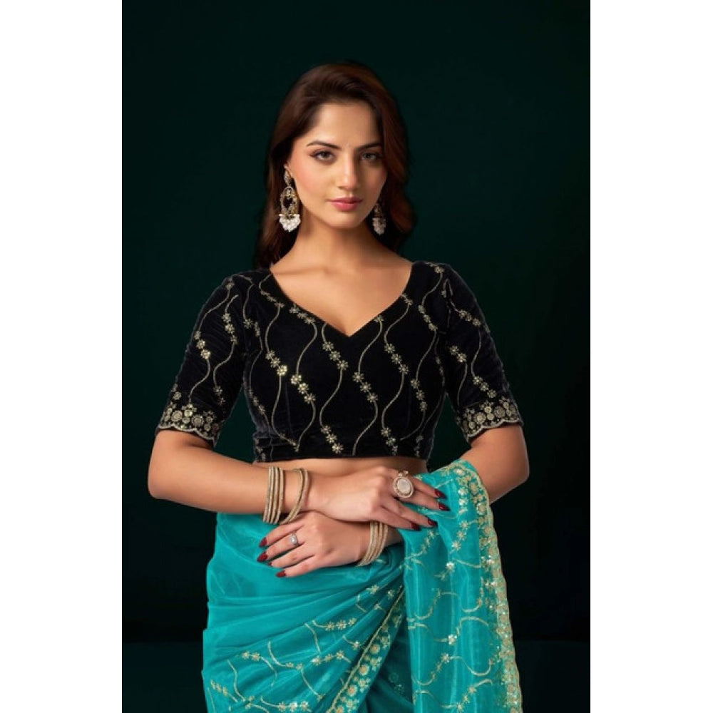 Women's Net Sequence Saree With Unstitched Blouse 5.5Mtr (Turquoise) - VANSHELLE