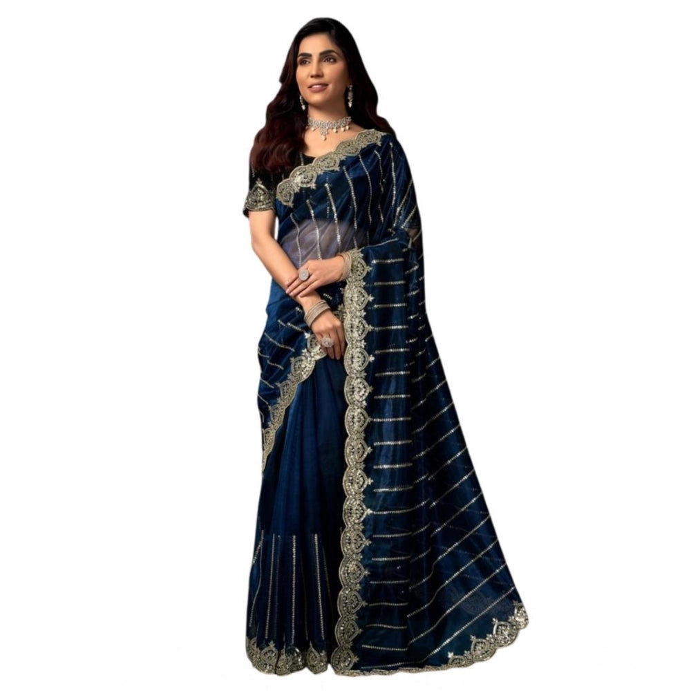 Women's Net Sequence Saree With Unstitched Blouse 5.5Mtr (Blue) - VANSHELLE