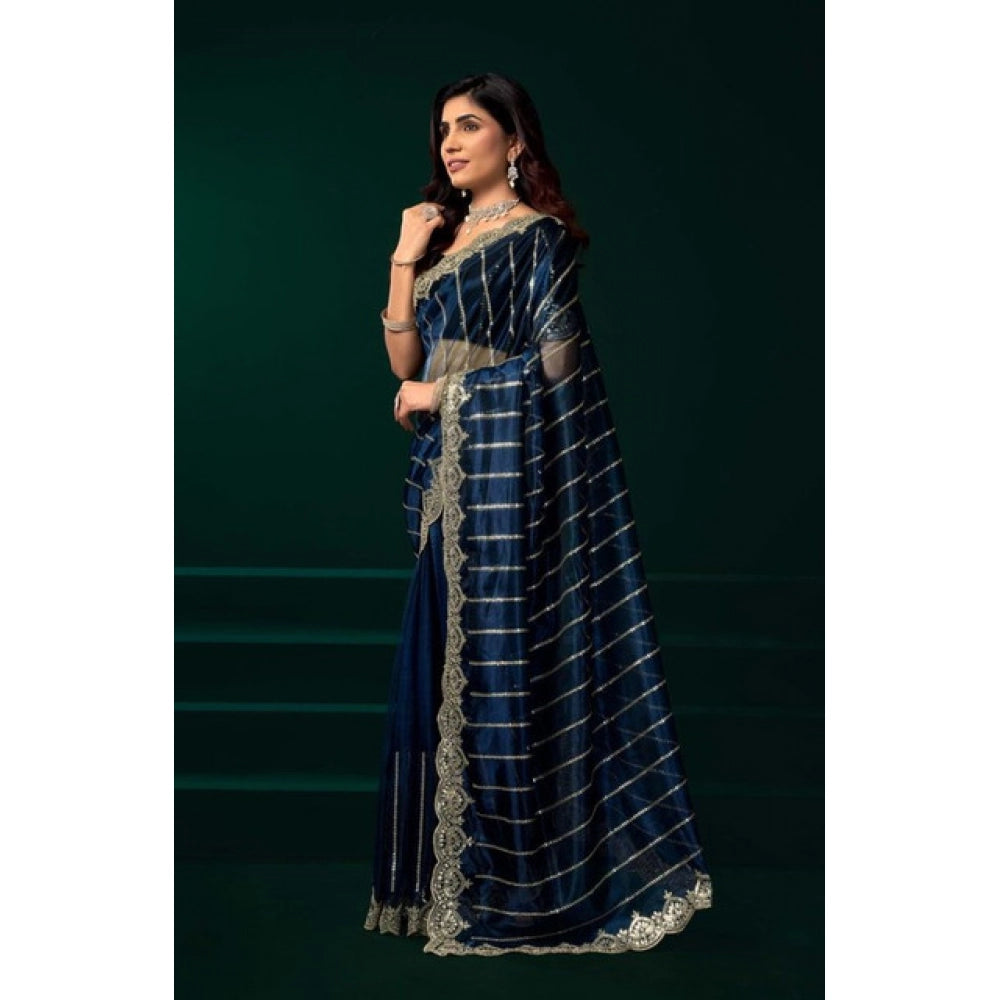 Women's Net Sequence Saree With Unstitched Blouse 5.5Mtr (Blue) - VANSHELLE
