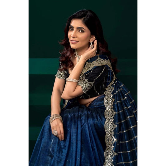 Women's Net Sequence Saree With Unstitched Blouse 5.5Mtr (Blue) - VANSHELLE