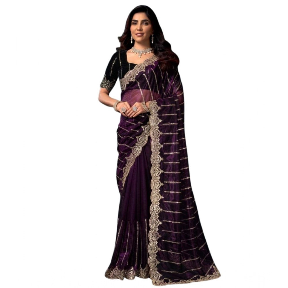 Women's Net Sequence Saree With Unstitched Blouse 5.5Mtr (Wine) - VANSHELLE