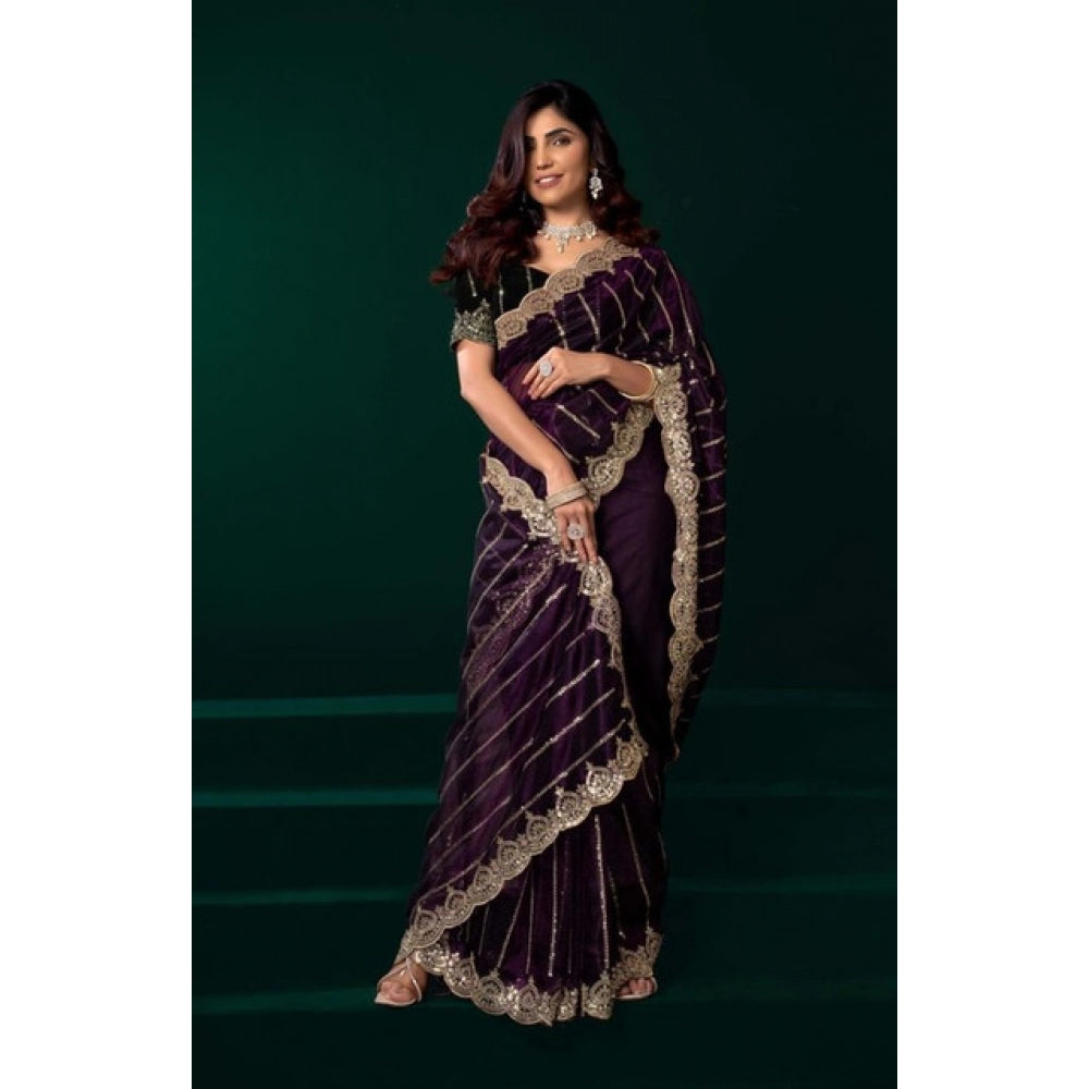 Women's Net Sequence Saree With Unstitched Blouse 5.5Mtr (Wine) - VANSHELLE