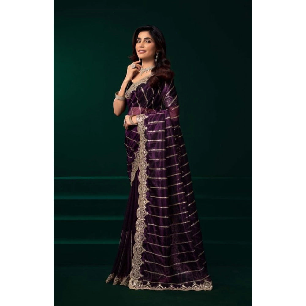Women's Net Sequence Saree With Unstitched Blouse 5.5Mtr (Wine) - VANSHELLE