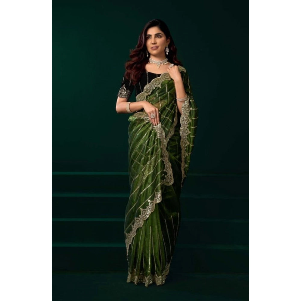 Women's Net Sequence Saree With Unstitched Blouse 5.5Mtr (Green) - VANSHELLE