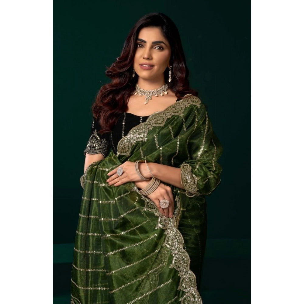 Women's Net Sequence Saree With Unstitched Blouse 5.5Mtr (Green) - VANSHELLE
